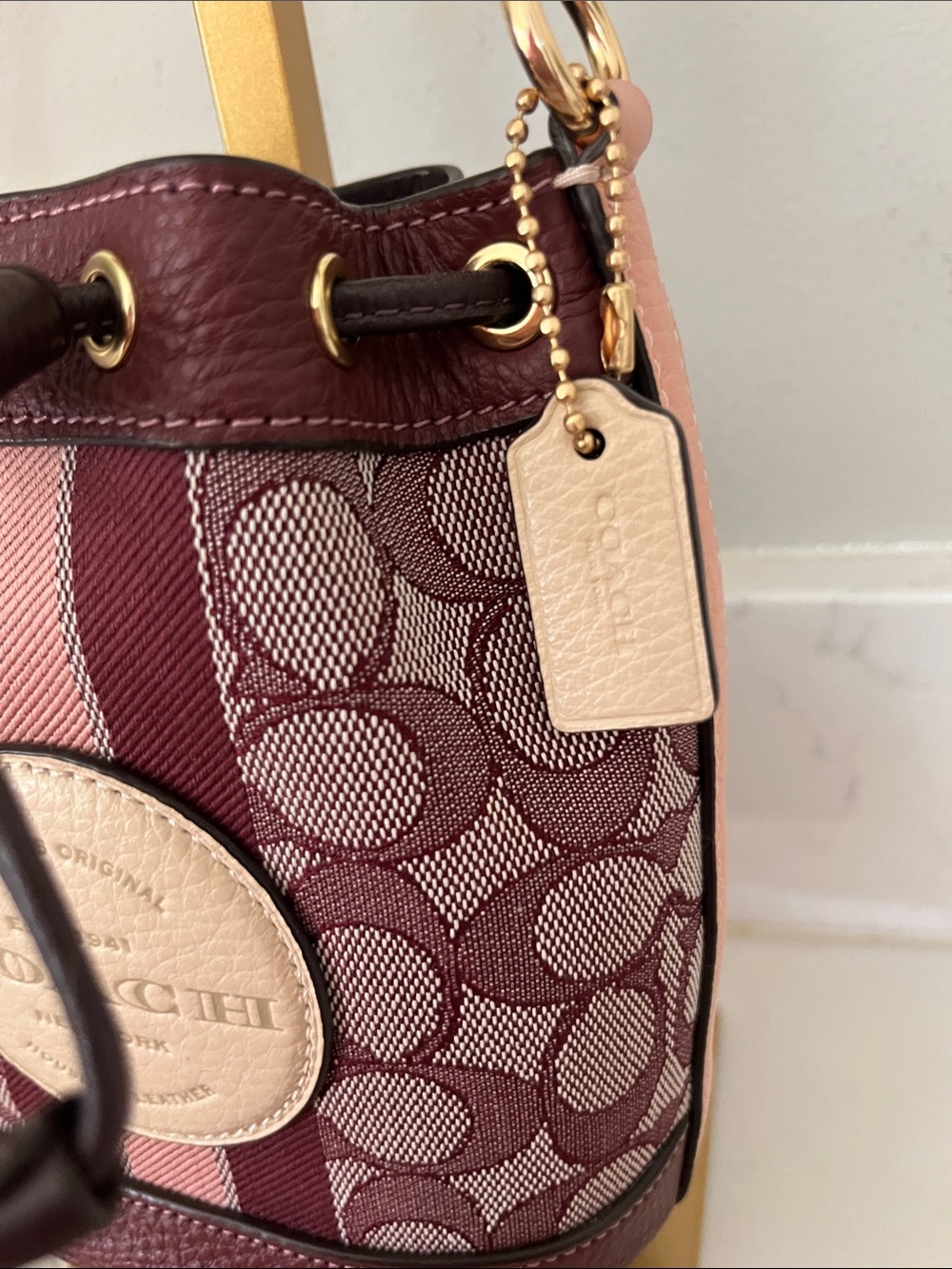 NWOT Coach Mini Dempsey Burgundy Signature Drawstring Bucket Bag - Picture 5 of 12